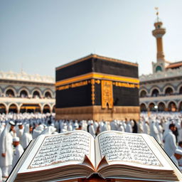 A beautiful scene featuring the Kaaba in Mecca, Saudi Arabia, prominently positioned in the foreground