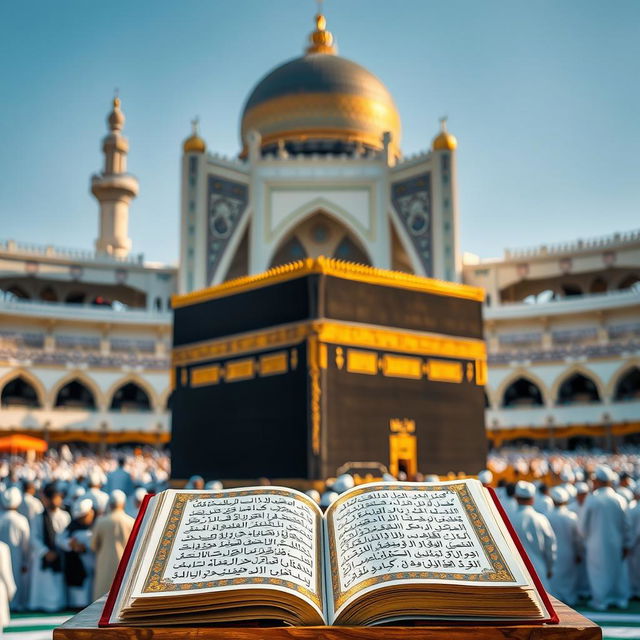 A beautiful scene featuring the Kaaba in Mecca, Saudi Arabia, prominently positioned in the foreground