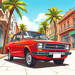 A detailed illustration of a classic Fiat Duna car parked in an urban environment