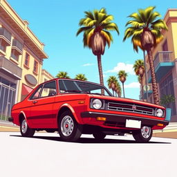 A detailed illustration of a classic Fiat Duna car parked in an urban environment