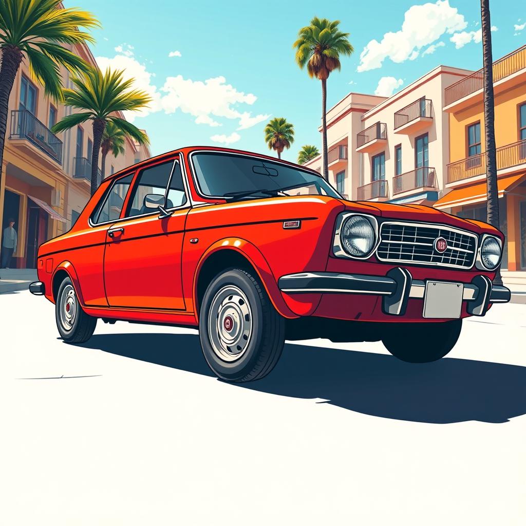 A detailed illustration of a classic Fiat Duna car parked in an urban environment