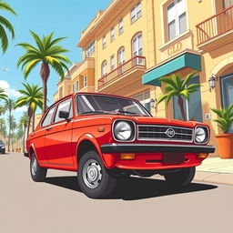 A detailed illustration of a classic Fiat Duna car parked in an urban environment