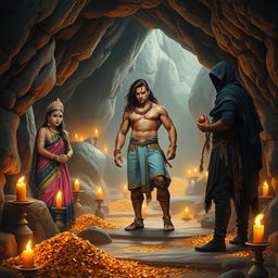 A wide high-resolution shot of a stony cave illuminated by oil lamps