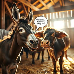 A whimsical scene depicting a donkey with a mischievous grin whispering advice into the ear of a surprised yet intrigued bull