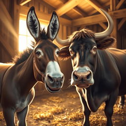 A whimsical scene depicting a donkey with a mischievous grin whispering advice into the ear of a surprised yet intrigued bull