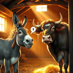 A whimsical scene depicting a donkey with a mischievous grin whispering advice into the ear of a surprised yet intrigued bull