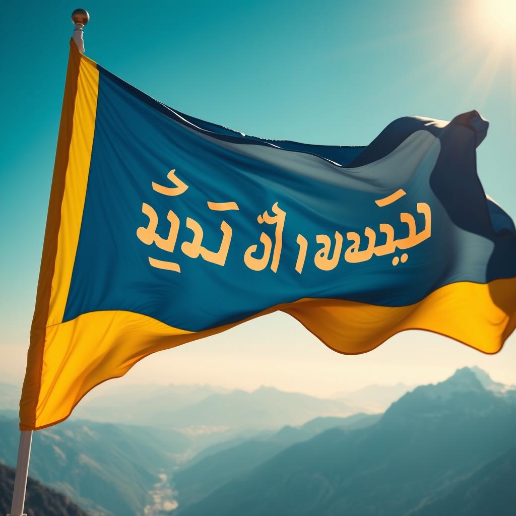 A large, vibrant flag waving in the wind, boldly displaying the phrase "قله انسانیت" (summit of humanity) in elegant, flowing script