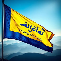 A large, vibrant flag waving in the wind, boldly displaying the phrase "قله انسانیت" (summit of humanity) in elegant, flowing script