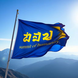 A large, vibrant flag waving in the wind, boldly displaying the phrase "قله انسانیت" (summit of humanity) in elegant, flowing script