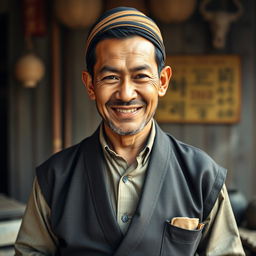 A full body portrait of a 40-year-old man from Myanmar, dressed in traditional Burmese attire indicative of the 1920s