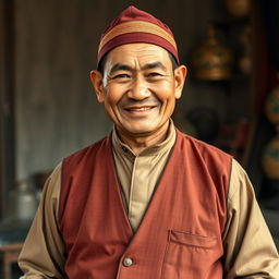 A full body portrait of a 40-year-old man from Myanmar, dressed in traditional Burmese attire indicative of the 1920s