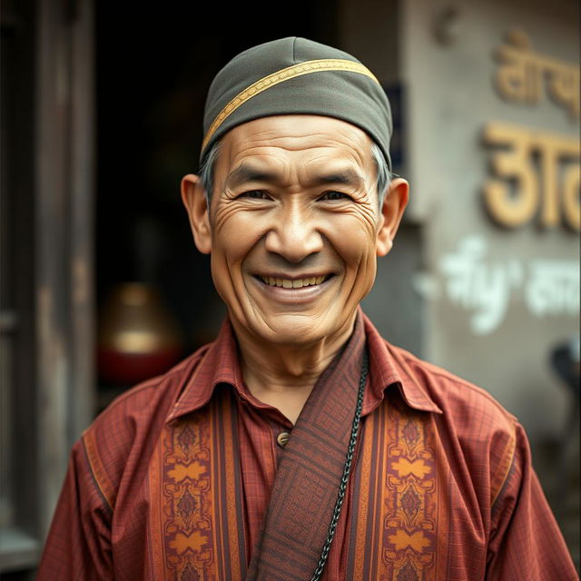 A full body portrait of a 40-year-old man from Myanmar, dressed in traditional Burmese attire indicative of the 1920s