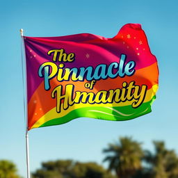 A vibrant and cheerful flag, featuring bright colors like red, blue, yellow, and green, elegantly flowing in the wind