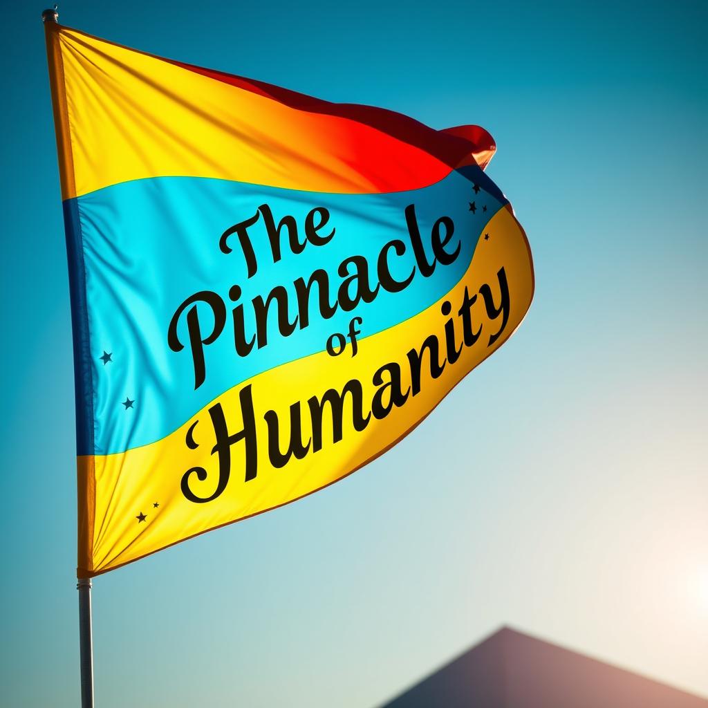 A vibrant and cheerful flag, featuring bright colors like red, blue, yellow, and green, elegantly flowing in the wind