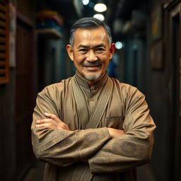 A full-body portrait of a 40-year-old man from Myanmar, dressed in traditional Burmese clothing, reflecting both a smile and an angry expression, embodying the duality of a crime boss in 1920