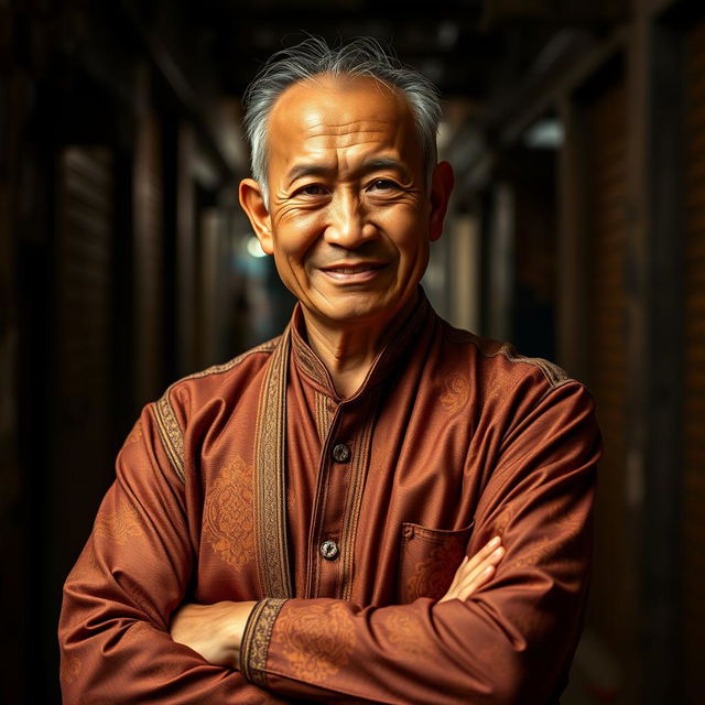 A full-body portrait of a 40-year-old man from Myanmar, dressed in traditional Burmese clothing, reflecting both a smile and an angry expression, embodying the duality of a crime boss in 1920