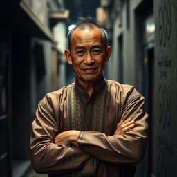 A full-body portrait of a 40-year-old man from Myanmar, dressed in traditional Burmese clothing, reflecting both a smile and an angry expression, embodying the duality of a crime boss in 1920