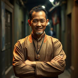 A full-body portrait of a 40-year-old man from Myanmar, dressed in traditional Burmese clothing, reflecting both a smile and an angry expression, embodying the duality of a crime boss in 1920