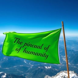 A vibrant green flag waving majestically atop a mountain peak, with the text 'The pinnacle of humanity' elegantly inscribed on the flag