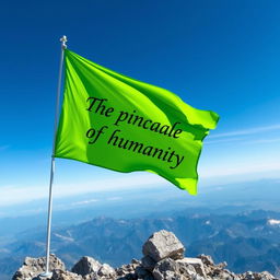 A vibrant green flag waving majestically atop a mountain peak, with the text 'The pinnacle of humanity' elegantly inscribed on the flag