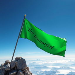 A vibrant green flag waving majestically atop a mountain peak, with the text 'The pinnacle of humanity' elegantly inscribed on the flag