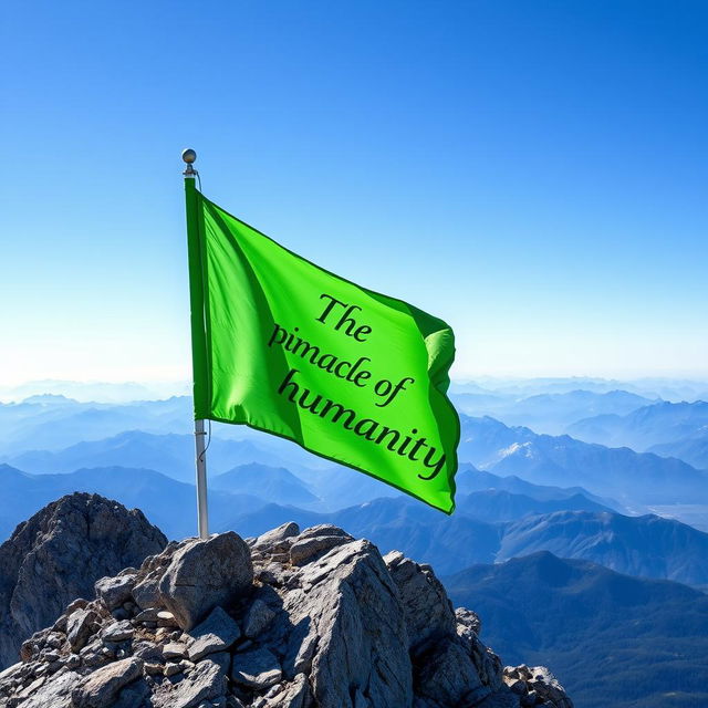 A vibrant green flag waving majestically atop a mountain peak, with the text 'The pinnacle of humanity' elegantly inscribed on the flag