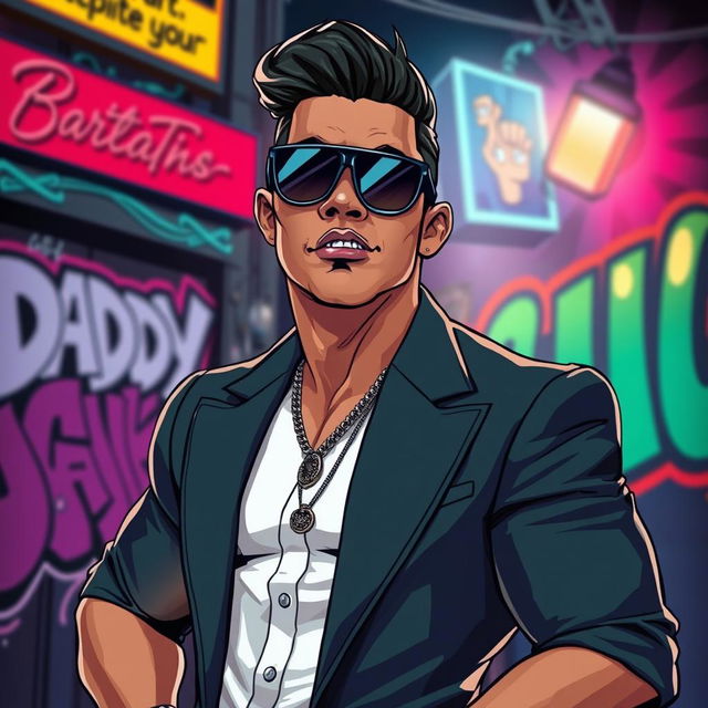 A stylized artistic representation of a confident male figure reminiscent of Daddy Yankee, posed in an elegant and dynamic manner