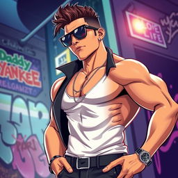 A stylized artistic representation of a confident male figure reminiscent of Daddy Yankee, posed in an elegant and dynamic manner