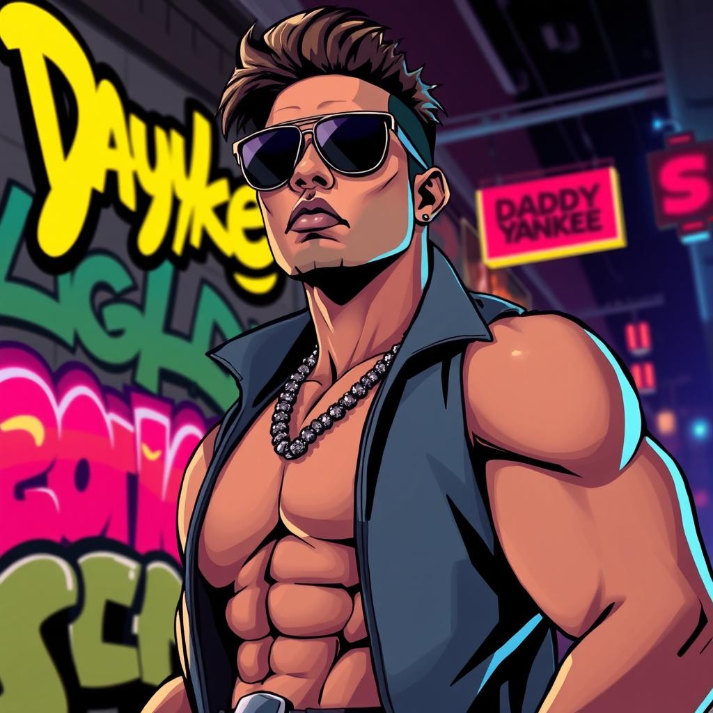 A stylized artistic representation of a confident male figure reminiscent of Daddy Yankee, posed in an elegant and dynamic manner