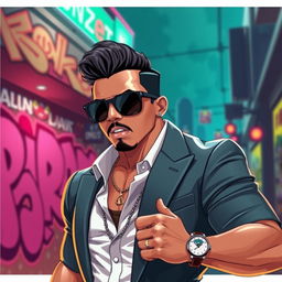 A stylized artistic representation of a confident male figure reminiscent of Daddy Yankee, posed in an elegant and dynamic manner