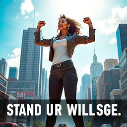 A powerful and empowering scene of a woman overcoming adversity, standing strong amidst a backdrop of a vibrant cityscape, showcasing resilience and strength