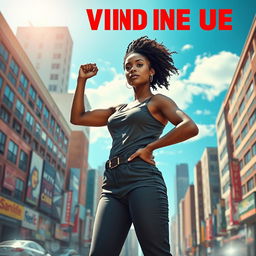 A powerful and empowering scene of a woman overcoming adversity, standing strong amidst a backdrop of a vibrant cityscape, showcasing resilience and strength