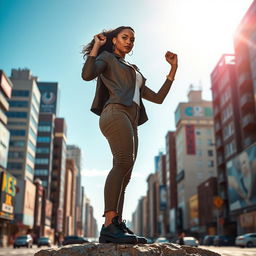 A powerful and empowering scene of a woman overcoming adversity, standing strong amidst a backdrop of a vibrant cityscape, showcasing resilience and strength