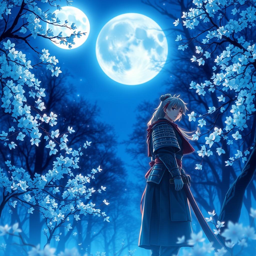 A majestic samurai standing amidst a mystical blue forest, gazing up at a luminescent full moon