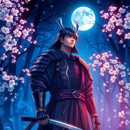 A majestic samurai standing amidst a mystical blue forest, gazing up at a luminescent full moon