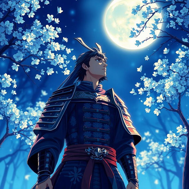 A majestic samurai standing amidst a mystical blue forest, gazing up at a luminescent full moon