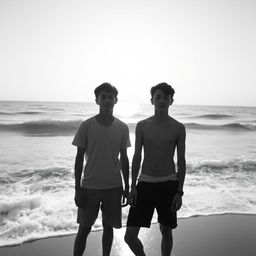 Two teenage boys standing by the seaside in a world made of light, with glowing waves gently crashing upon the shore