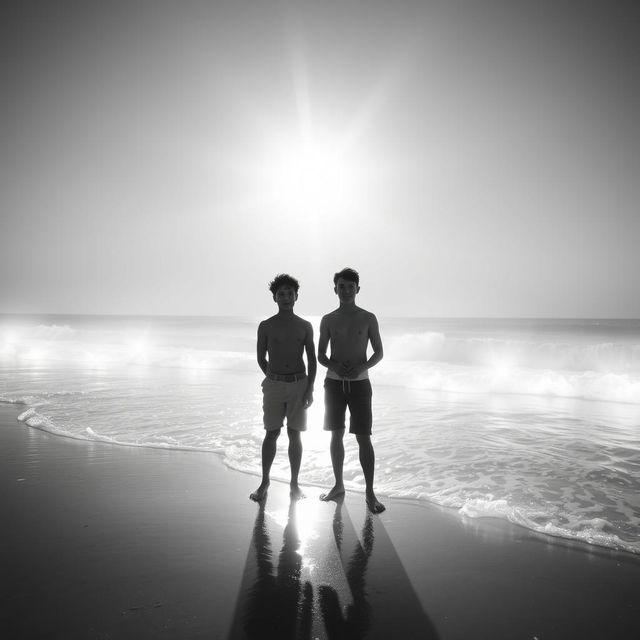 Two teenage boys standing by the seaside in a world made of light, with glowing waves gently crashing upon the shore