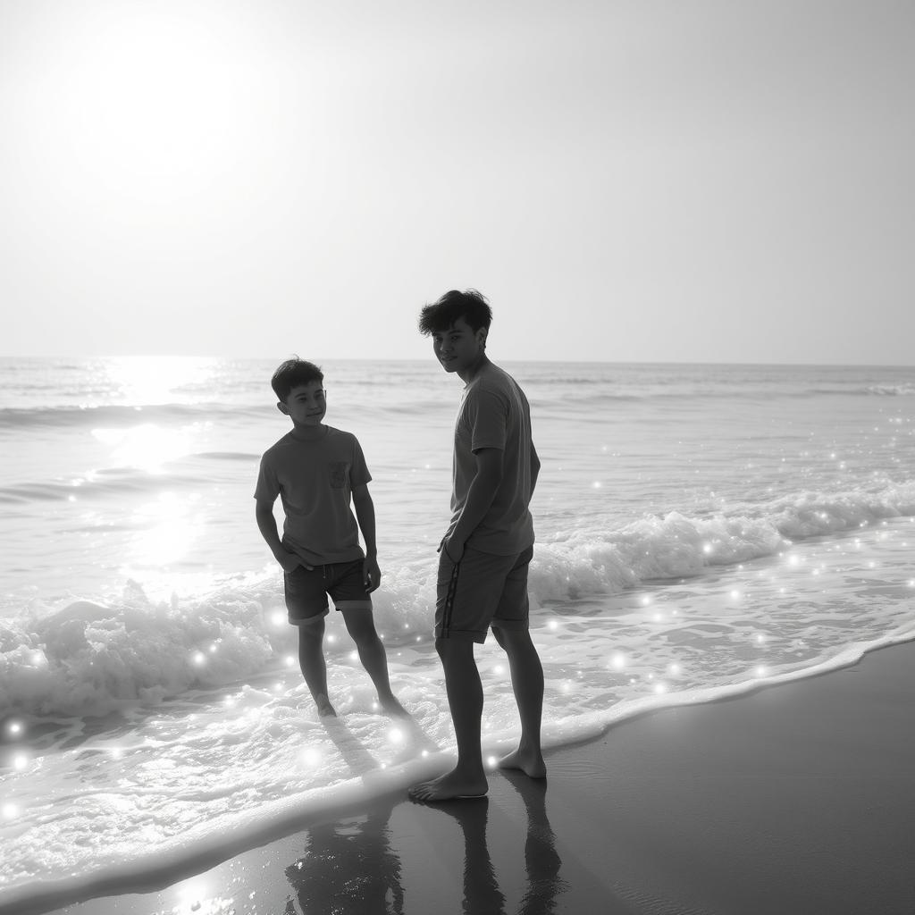 Two teenage boys standing by the seaside in a world made of light, with glowing waves gently crashing upon the shore