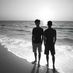 Two teenage boys standing by the seaside in a world made of light, with glowing waves gently crashing upon the shore
