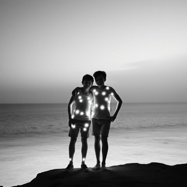 Two teenage boys standing next to a vast sea, with their bodies made of radiant light