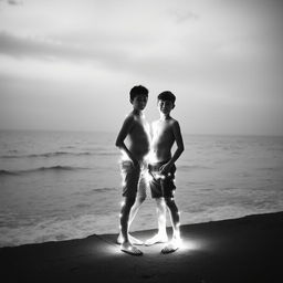 Two teenage boys standing next to a vast sea, with their bodies made of radiant light