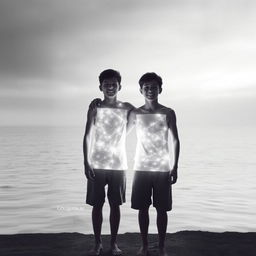 Two teenage boys standing next to a vast sea, with their bodies made of radiant light