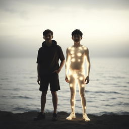 Two teenage boys standing next to a vast sea, with their bodies made of radiant light