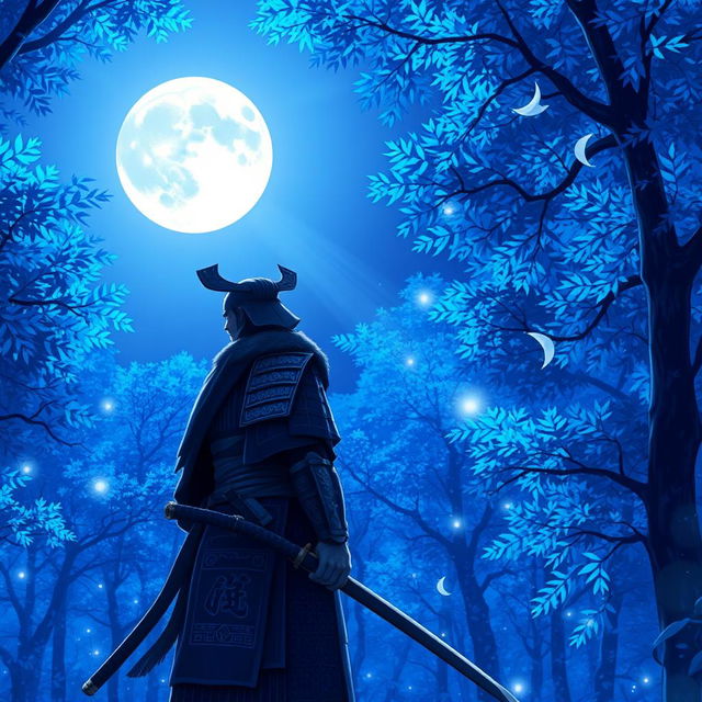 A samurai standing in a mystical blue forest, gazing up at a full moon shining brightly in the night sky