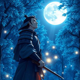 A samurai standing in a mystical blue forest, gazing up at a full moon shining brightly in the night sky