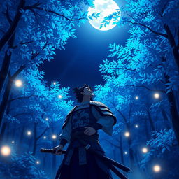 A samurai standing in a mystical blue forest, gazing up at a full moon shining brightly in the night sky
