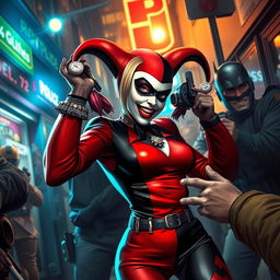 A dramatic scene depicting Harley Quinn in a stylish, chaotic environment as she is captured by authorities