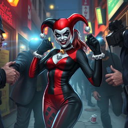 A dramatic scene depicting Harley Quinn in a stylish, chaotic environment as she is captured by authorities
