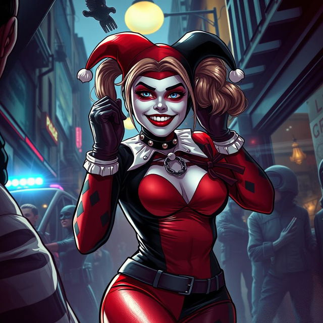 A dramatic scene depicting Harley Quinn in a stylish, chaotic environment as she is captured by authorities